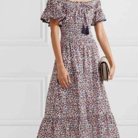 Tory Burch Wildflower Tiered Off Shoulder Smoked Navy Pipping Midi Dress S $498 - Picture 11 of 16